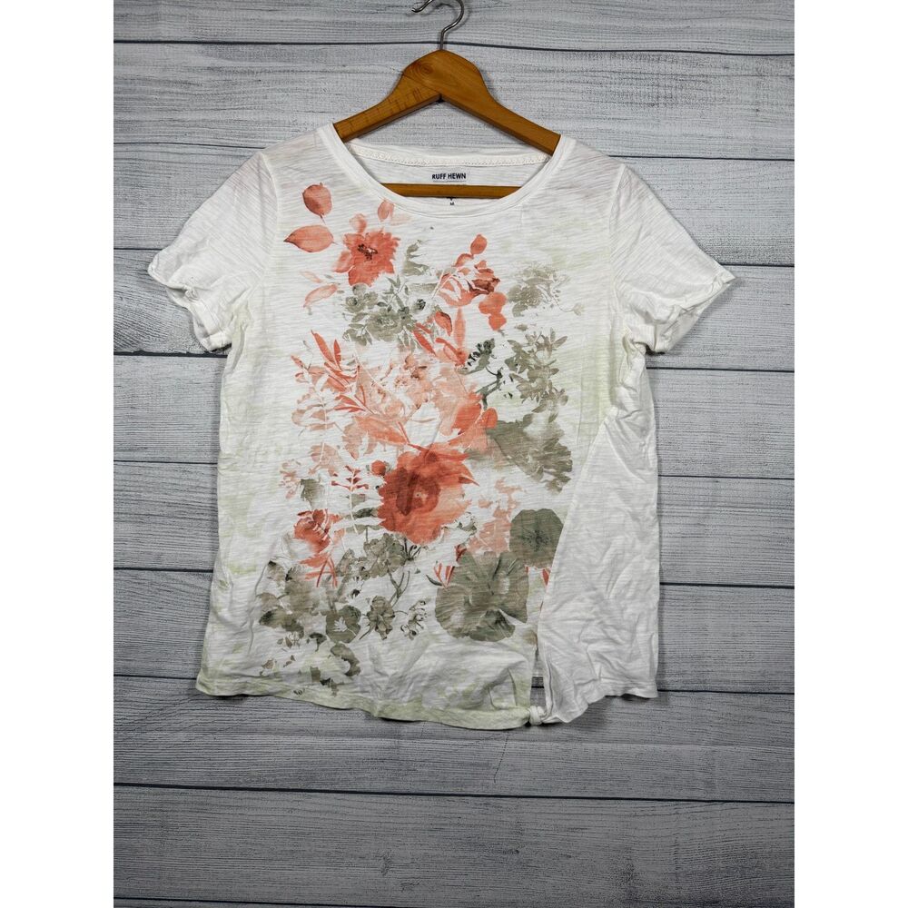 Ruff Hewn Women's Medium White Coral Floral 100% Cotton Short Sleeve Top 1519